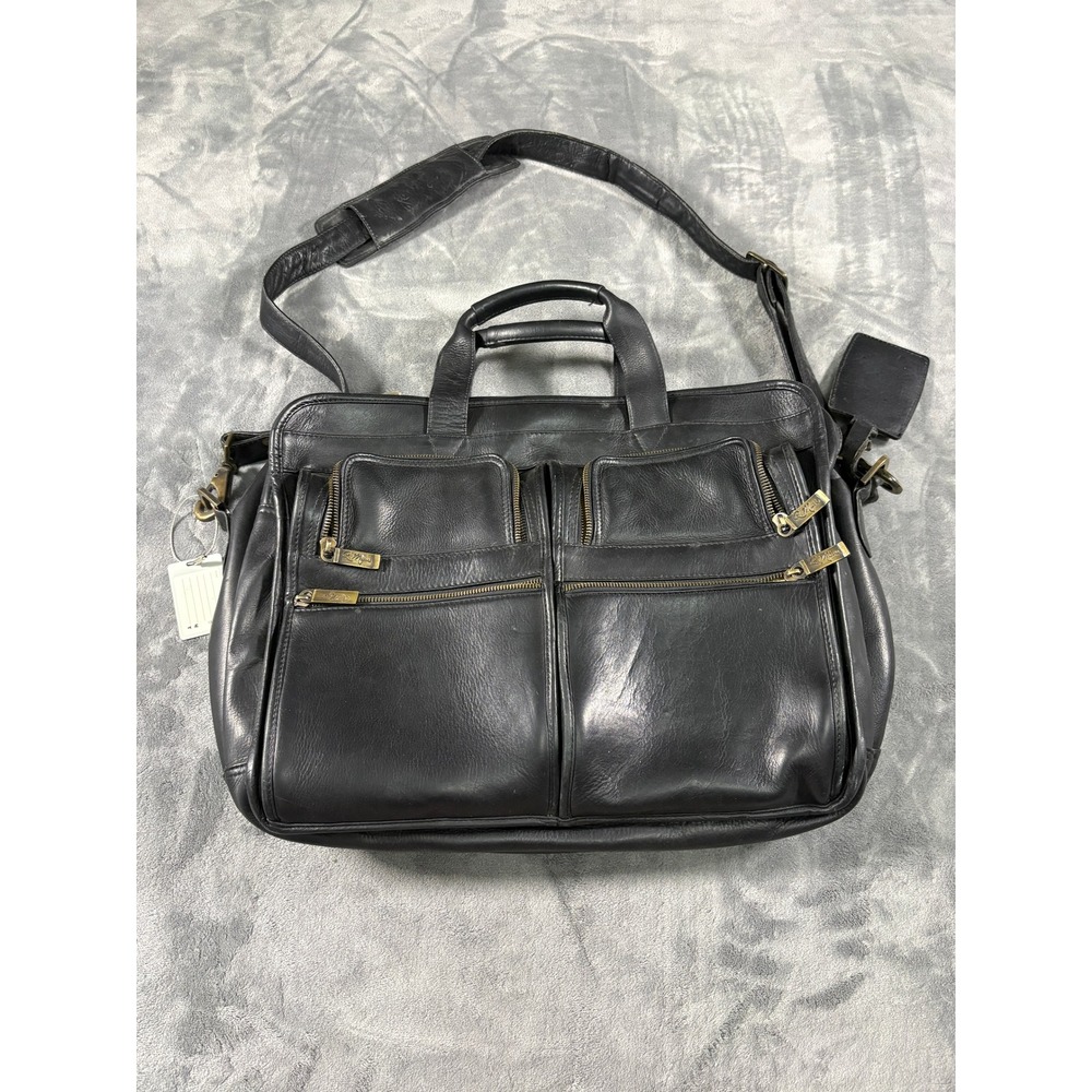 Robert Myers Mens Leather Briefcase Laptop Bag 16.5in Black Multi Pocket Padded